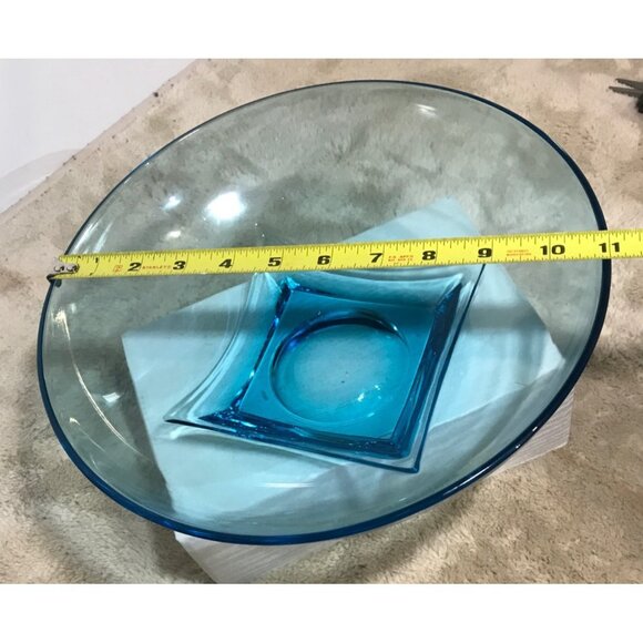 Hazel Ware Salad Bowl Set Capri Colonial Azure Blue Glass Square Base Elegant - Picture 9 of 16